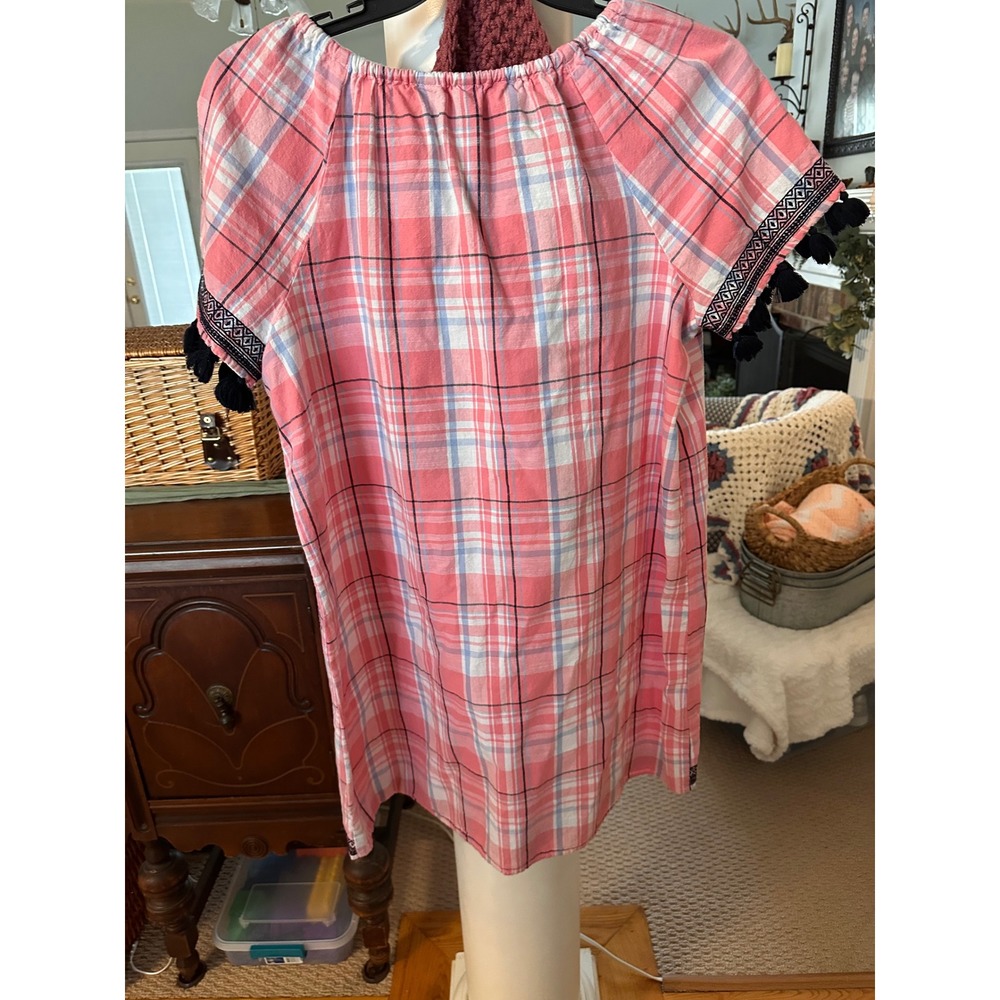 Crown & Ivy Womens Pink Plaid Embroidered Tassel Shift Dress Size 10 Cotton - Picture 3 of 8
